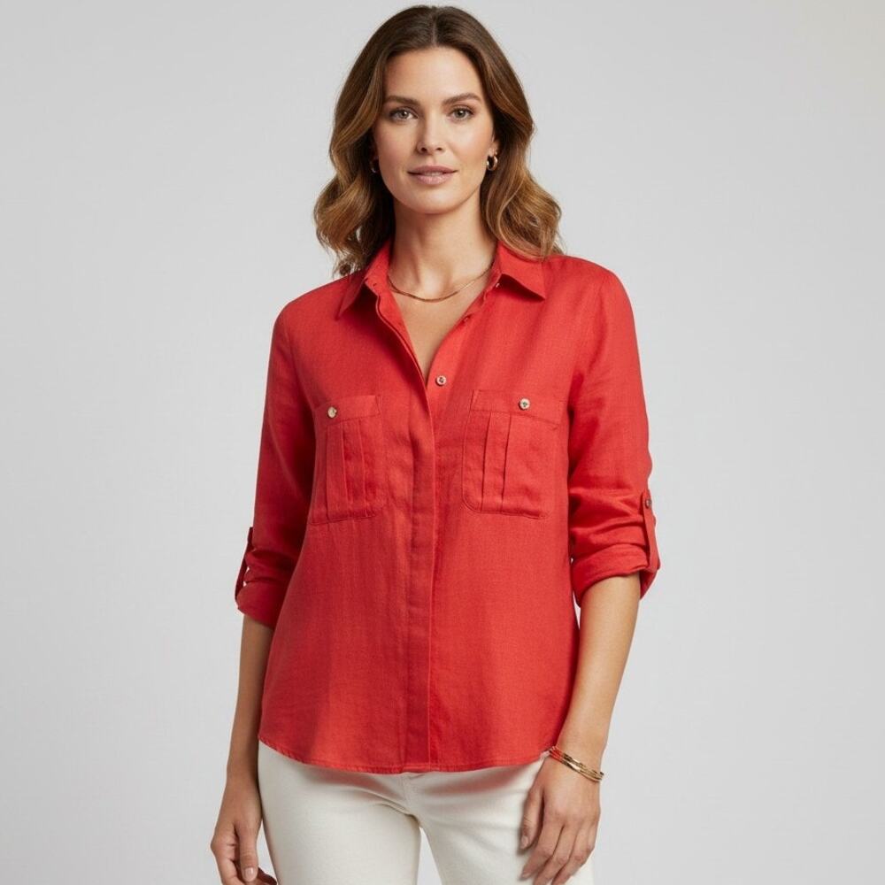 Vintage Women's Alcott & Andrews Red Silk Button Down Long Sleeve Blouse Size 4